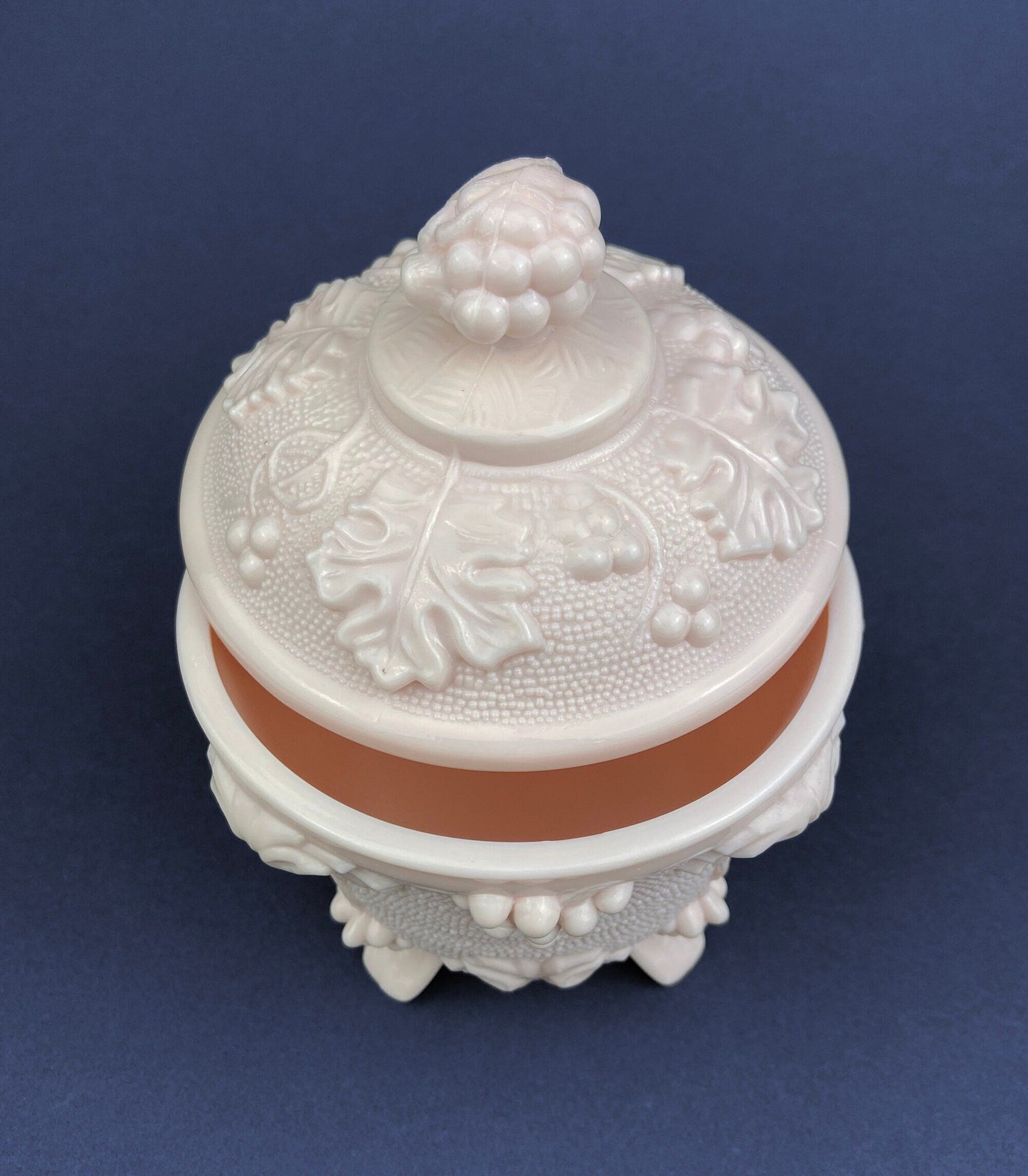 Pink Milk Glass Jar with Lid. Grape Vine Motif.  Footed Trinket Dish with Lid.  Collectible Pink Candy Dish.  Gift for Mom.  Gift for Her.