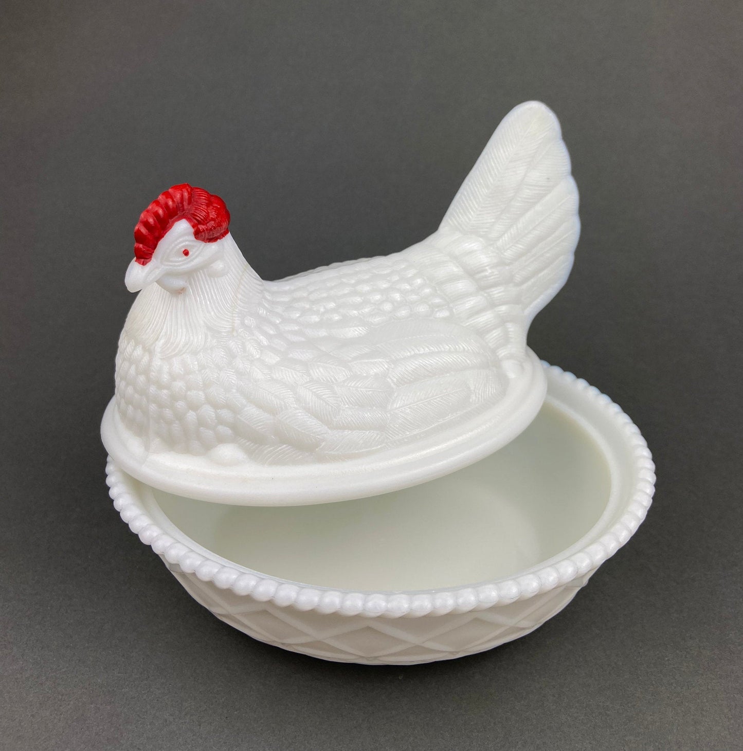 Westmoreland  Rooster on Nest Covered Bowl. Large Milk Glass Lidded Dish. White with Red Details Serving Dish. Collectible Milk Glass.