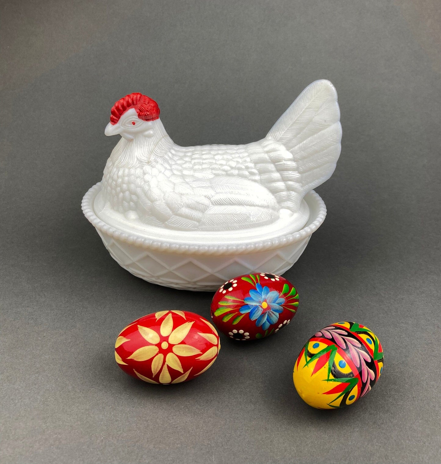 Westmoreland  Rooster on Nest Covered Bowl. Large Milk Glass Lidded Dish. White with Red Details Serving Dish. Collectible Milk Glass.