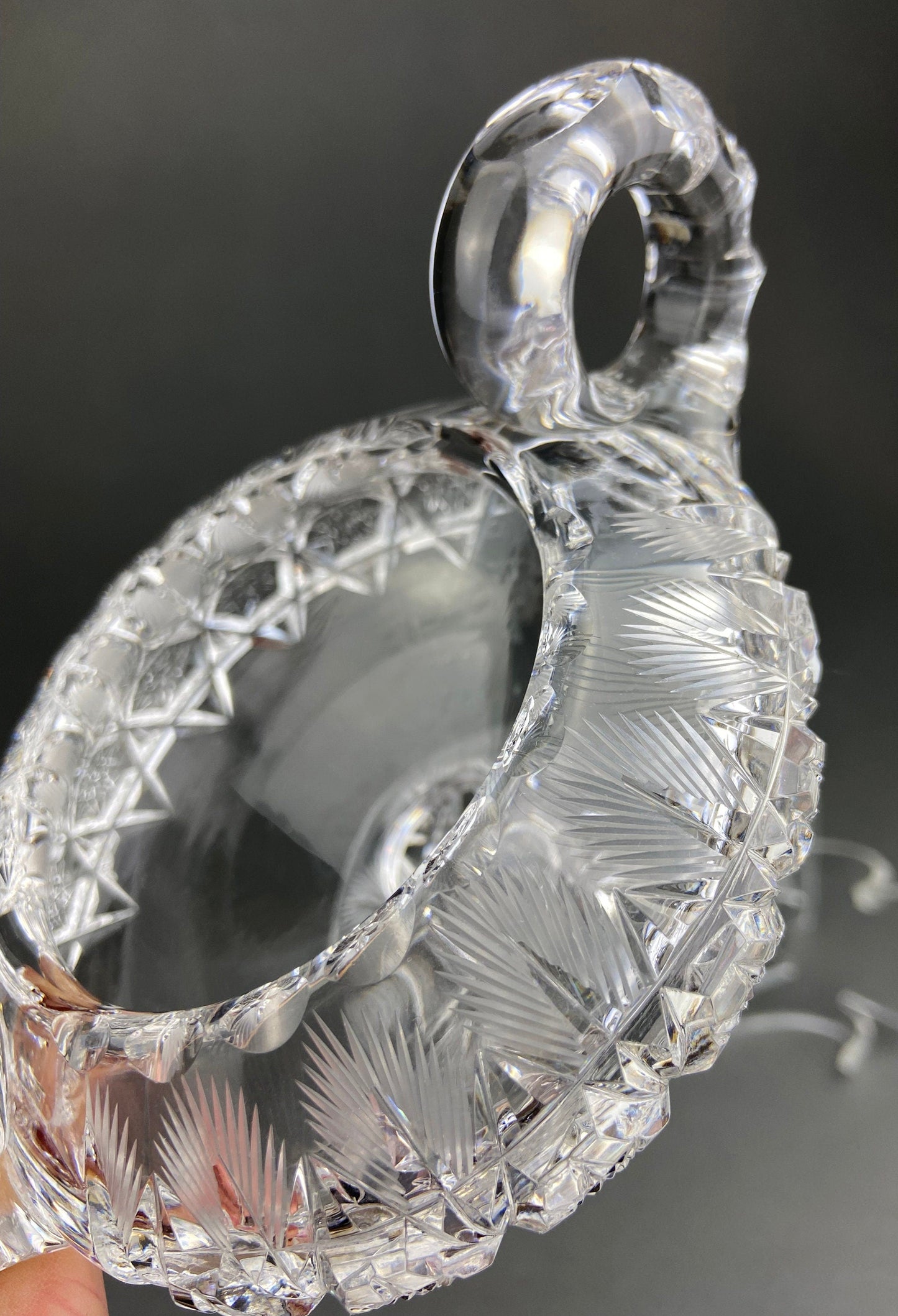 Cut Crystal Creamer and Sugar Bowls: Feather Cut Pattern, Set of Two