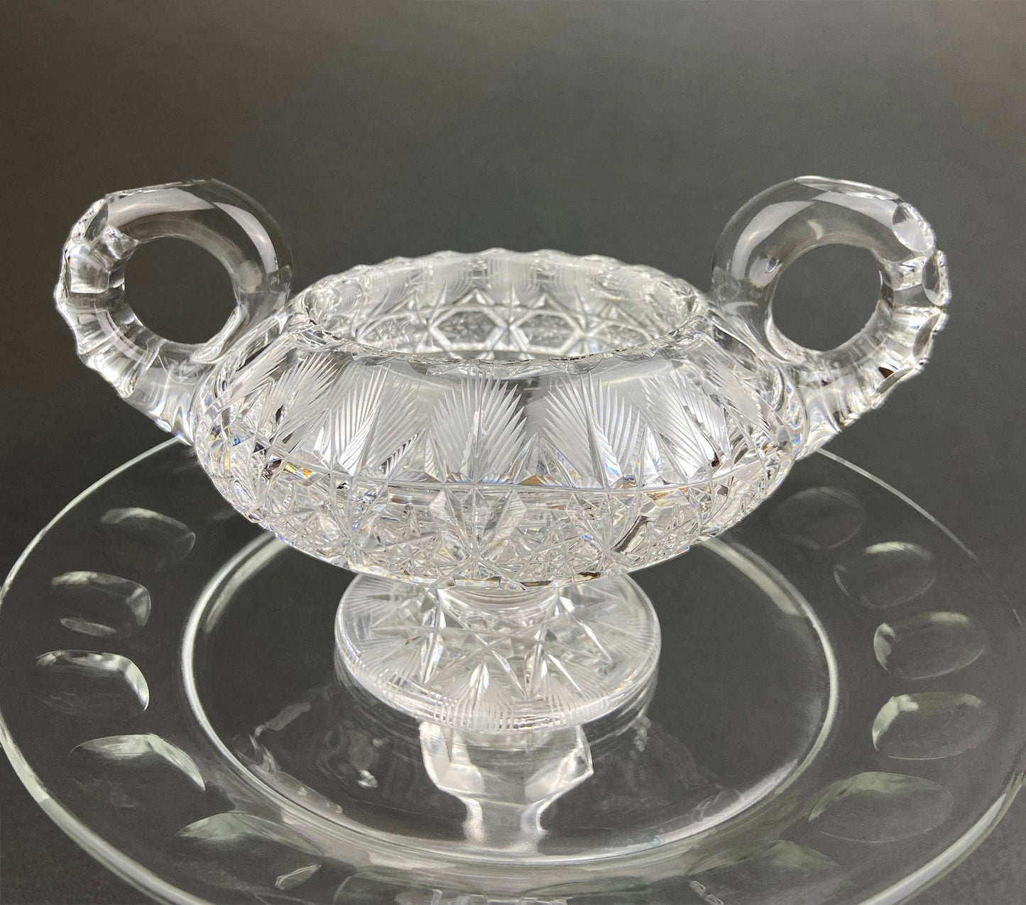 Cut Crystal Creamer and Sugar Bowls: Feather Cut Pattern, Set of Two
