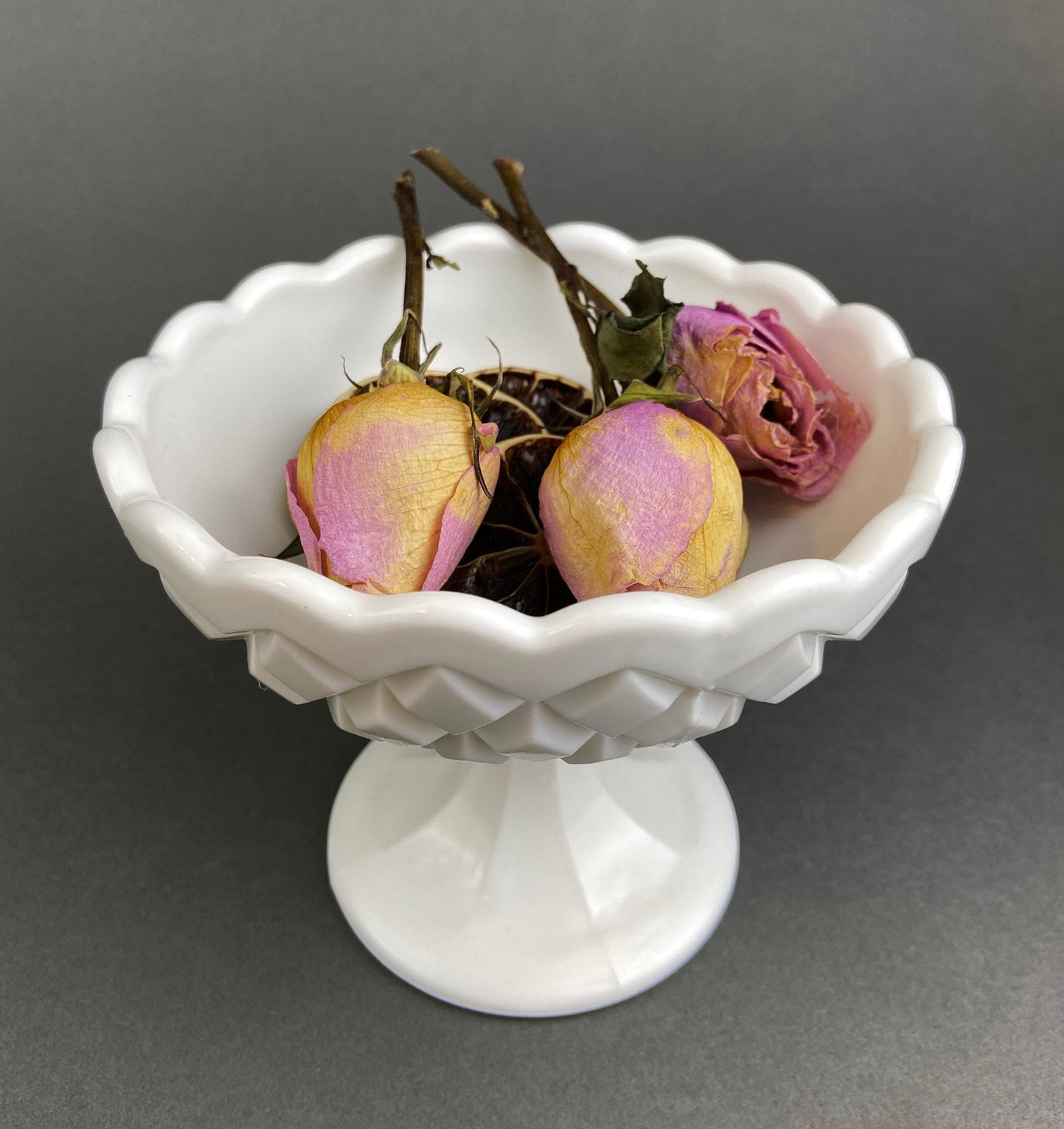 Vintage Milk Glass Footed Serving Dish or Goblet.  Waffle Pattern with Scalloped Edge. Candy Dish. Trinket Dish. Collectibles. Replacements.