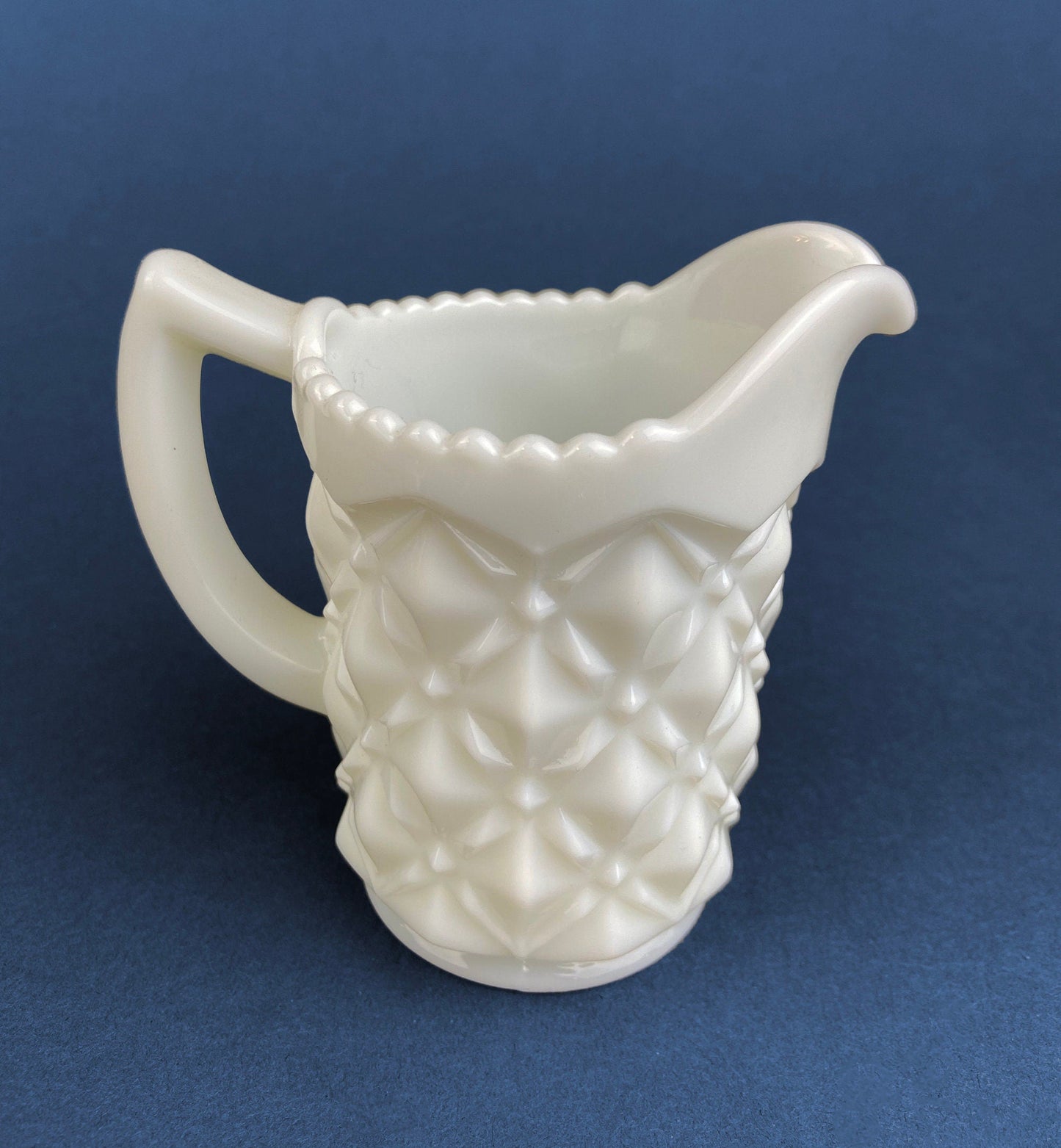 Milk Glass Creamer or Sauce Dish. 3-Dimensional Leaf Motif. Quilt Pattern. Serving Dish. Scalloped Edge Creamer or Saucier. Fine Dining.