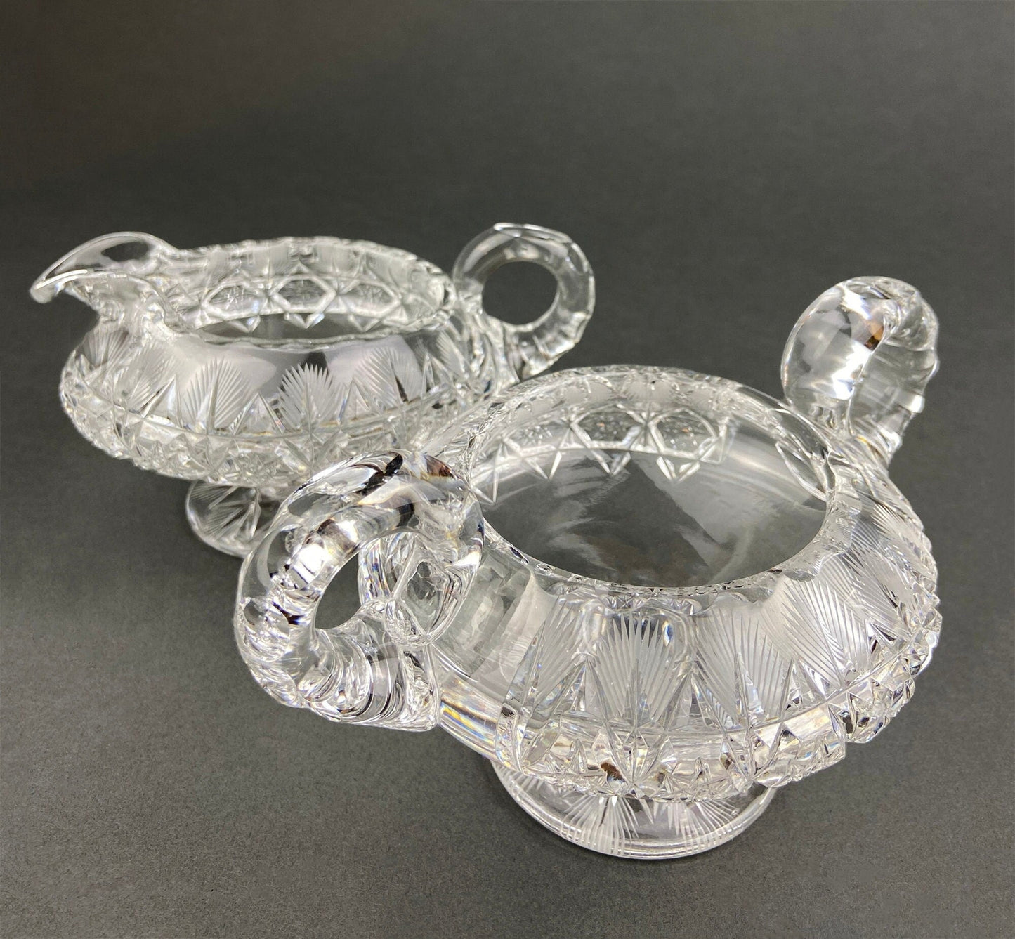Cut Crystal Creamer and Sugar Bowls: Feather Cut Pattern, Set of Two