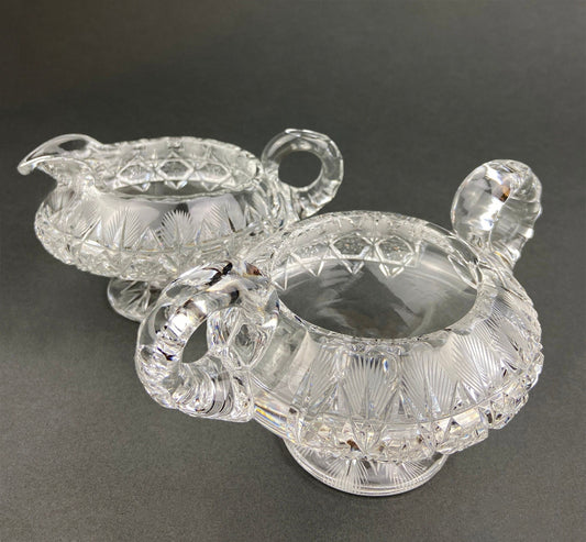 Cut Crystal Creamer and Sugar Bowls: Feather Cut Pattern, Set of Two