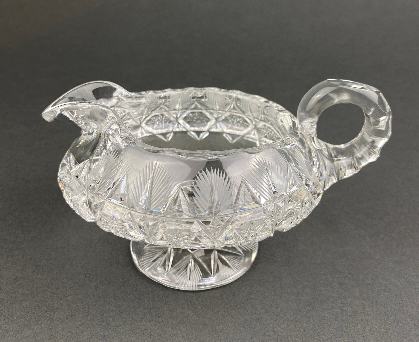 Cut Crystal Creamer and Sugar Bowls: Feather Cut Pattern, Set of Two