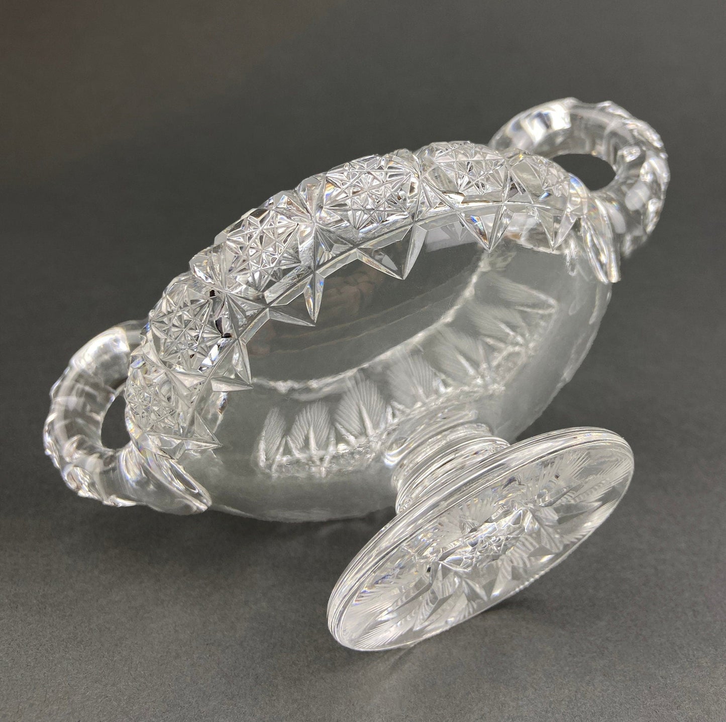 Cut Crystal Creamer and Sugar Bowls: Feather Cut Pattern, Set of Two