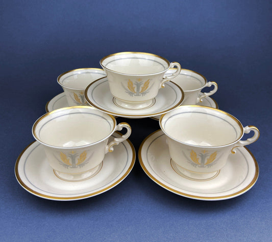 Vintage Cups and Saucers by Syracuse China. Governor Clinton Pattern.  Set of 5 Tea Cups Made in USA.