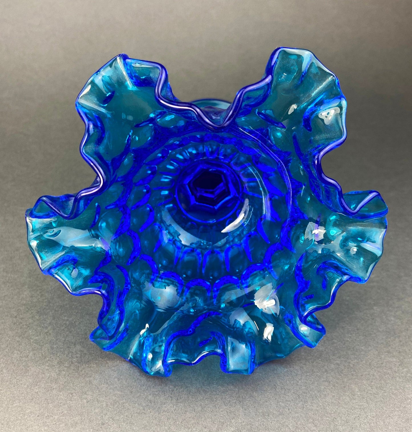 Vintage Blue Glass Footed Serving Bowl. Blue Thumb Print Glass Jar with Ruffled Edge. Collectible Blue Glass Dish.