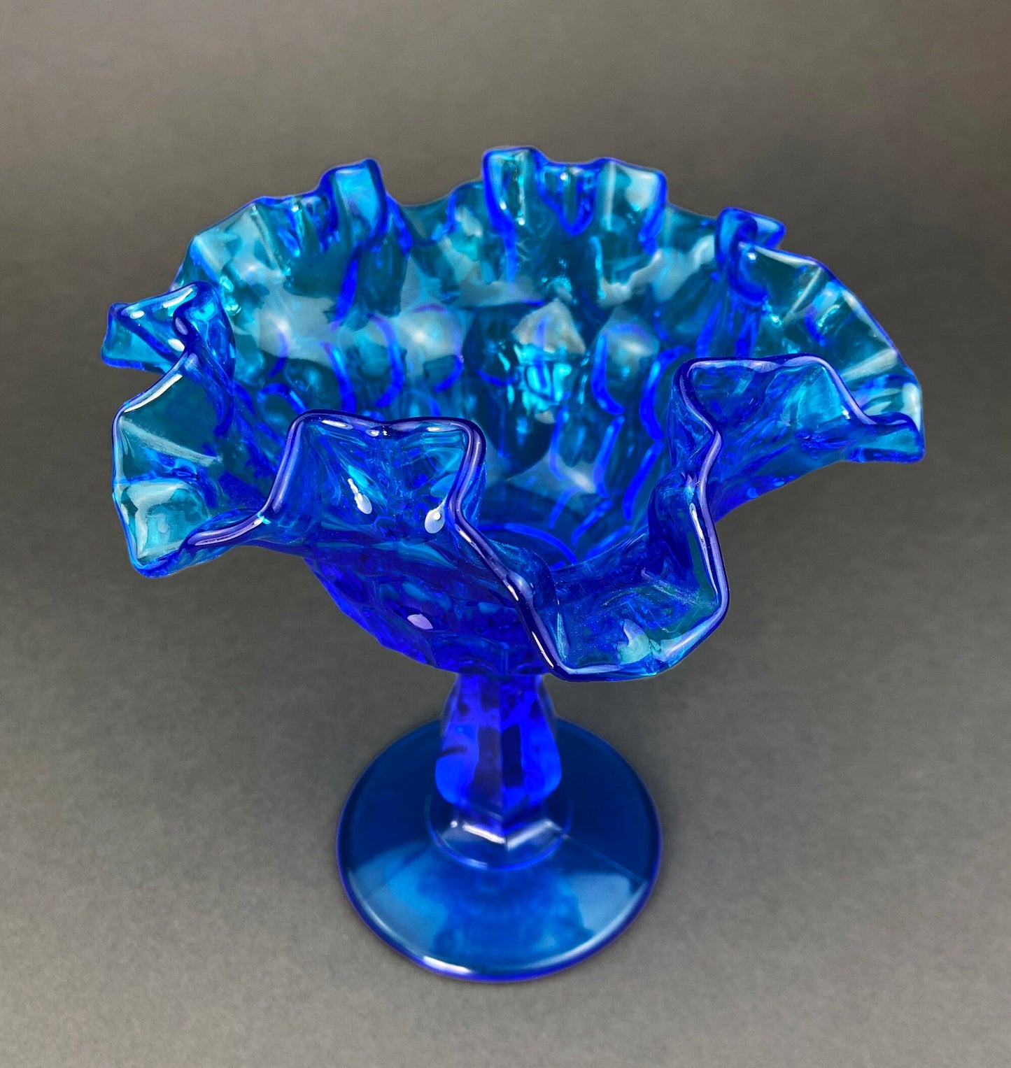 Vintage Blue Glass Footed Serving Bowl. Blue Thumb Print Glass Jar with Ruffled Edge. Collectible Blue Glass Dish.