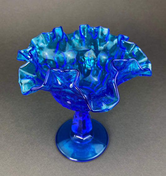 Vintage Blue Glass Footed Serving Bowl. Blue Thumb Print Glass Jar with Ruffled Edge. Collectible Blue Glass Dish.