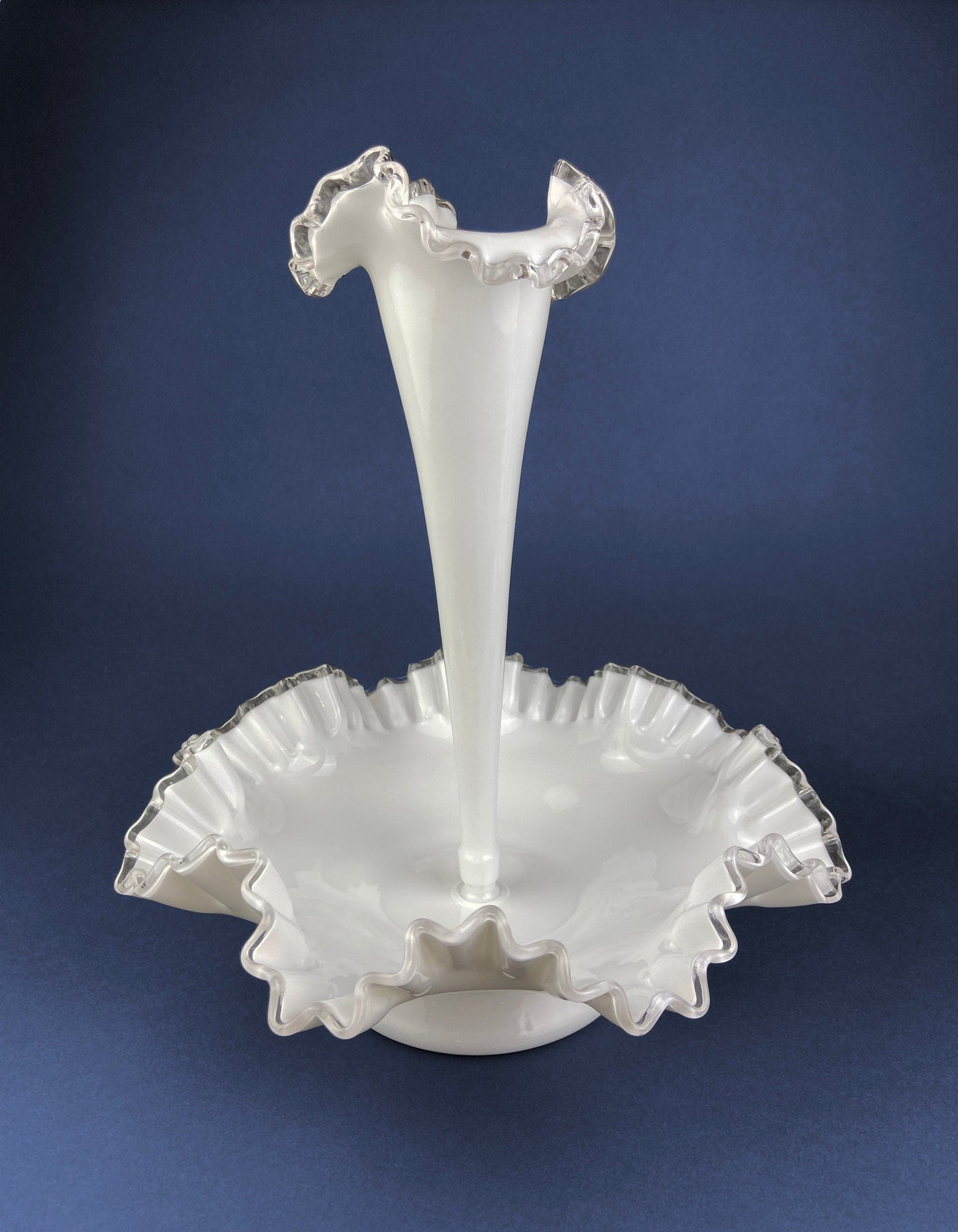 Silvercrest Bowl with Ruffled Edge. White Glass Fruit Bowl or Serving Dish with Clear Brim. Table Centerpiece. Serviceware. Wedding Gift.