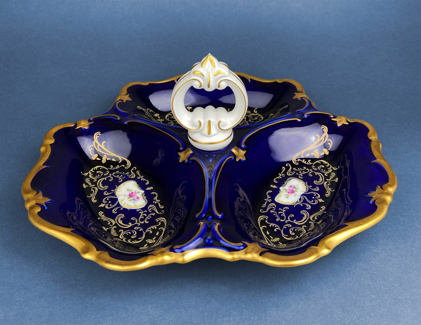 Porcelain Divided Bowl with Handle, Decorated with Three Different Hand Painted Landscapes. Antique Rare Collectible Art Dish.