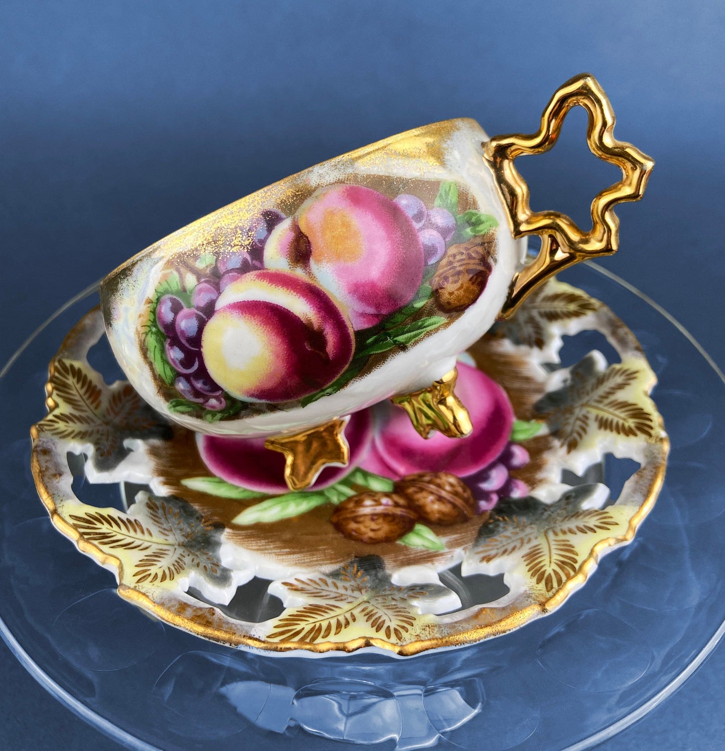 Vintage Tea Cup & Saucer. Aynsley Fine Bone China. Beautiful Fruit Motif: Peaches, Plums, Berries. Collectible Tea Set. Gift for Him or Her.