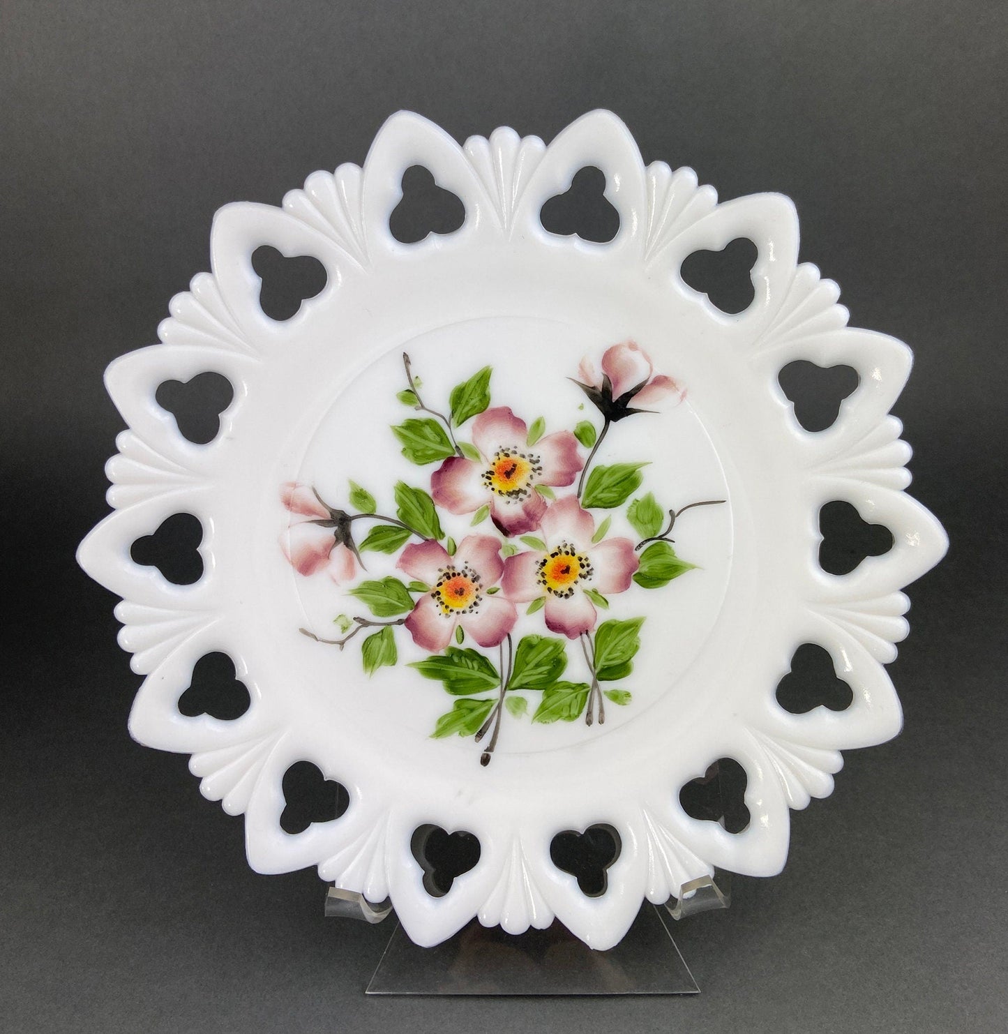 Westmoreland Milk Glass Decorative Plates with Hand Painted Violets,  Cherry Blossom, and Fruit.  Set of Four Plates with Reticulated Rim.