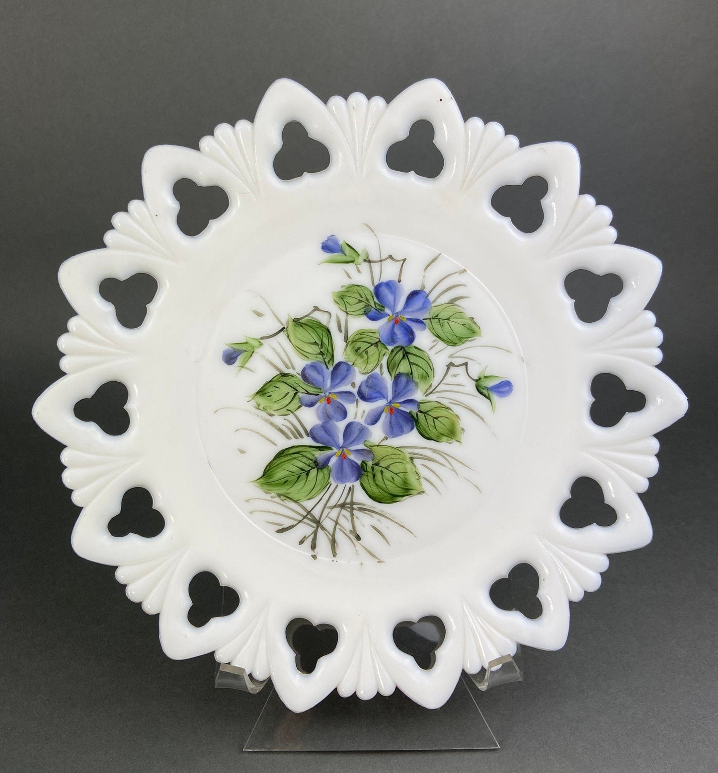 Westmoreland Milk Glass Decorative Plates with Hand Painted Violets,  Cherry Blossom, and Fruit.  Set of Four Plates with Reticulated Rim.