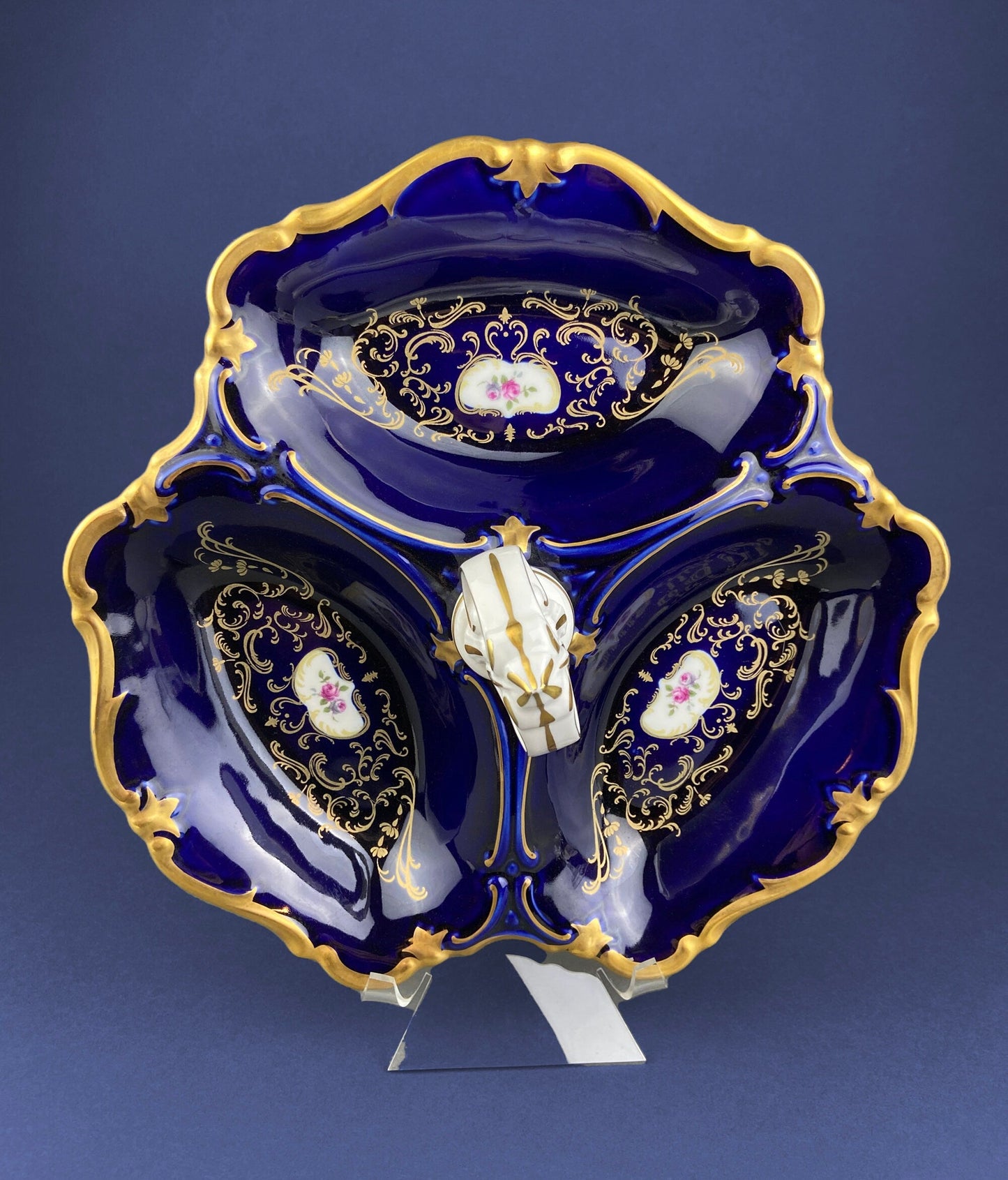 Antique Limoges Porcelain Divided Bowl: Gold Floral Motif, Scalloped Rim