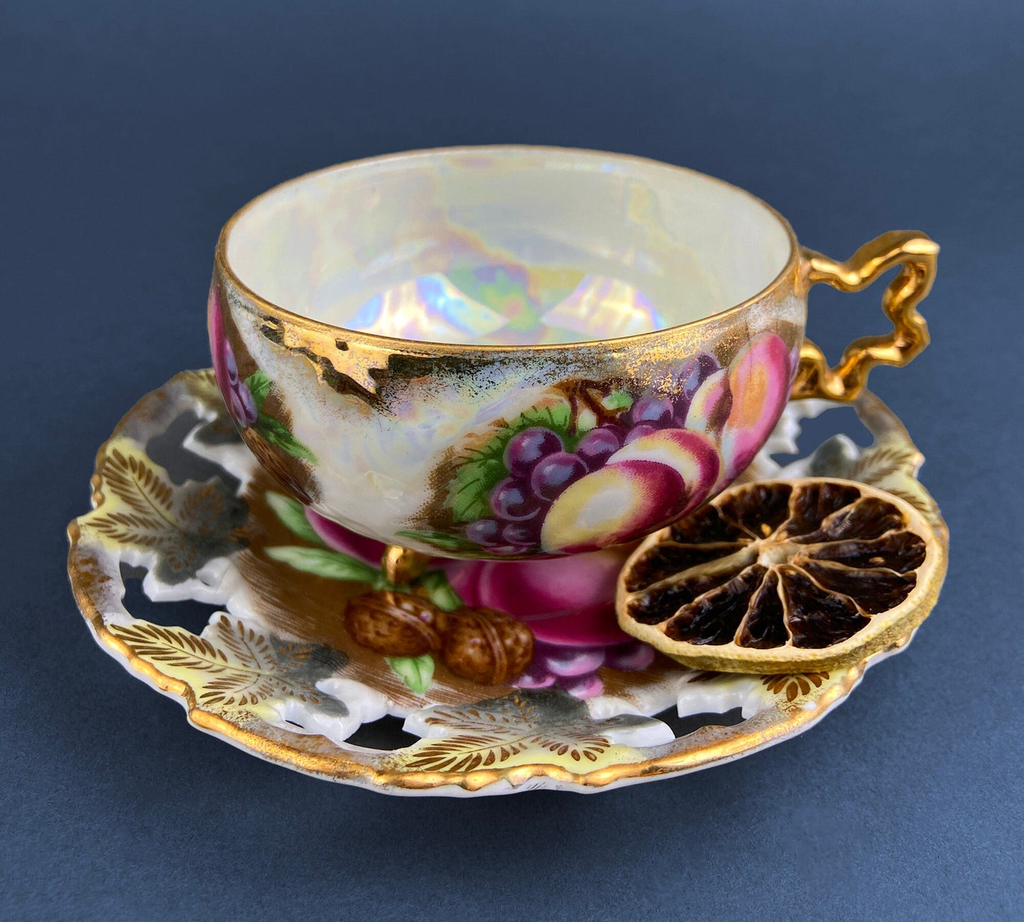 Vintage Tea Cup & Saucer. Aynsley Fine Bone China. Beautiful Fruit Motif: Peaches, Plums, Berries. Collectible Tea Set. Gift for Him or Her.