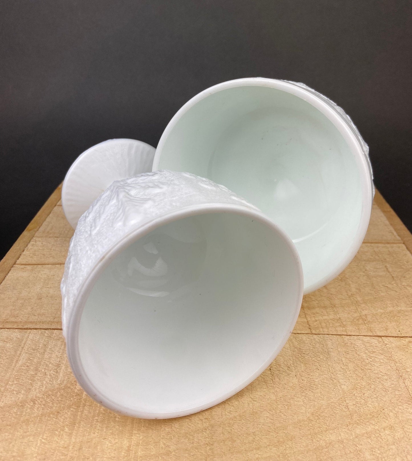 Milk Glass Oak Leaf Design Bowls. Set of Three Differently Shaped Vases. White Herb Planters.