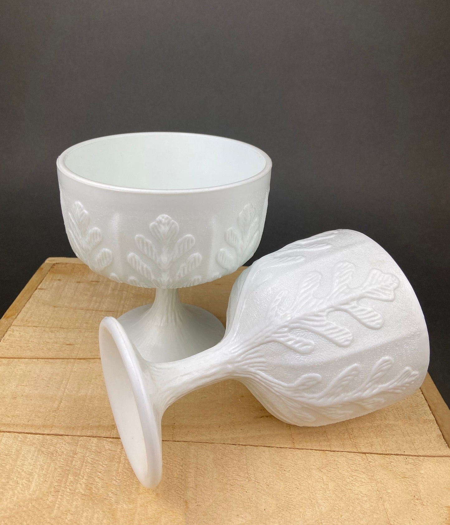 Milk Glass Oak Leaf Design Bowls. Set of Three Differently Shaped Vases. White Herb Planters.