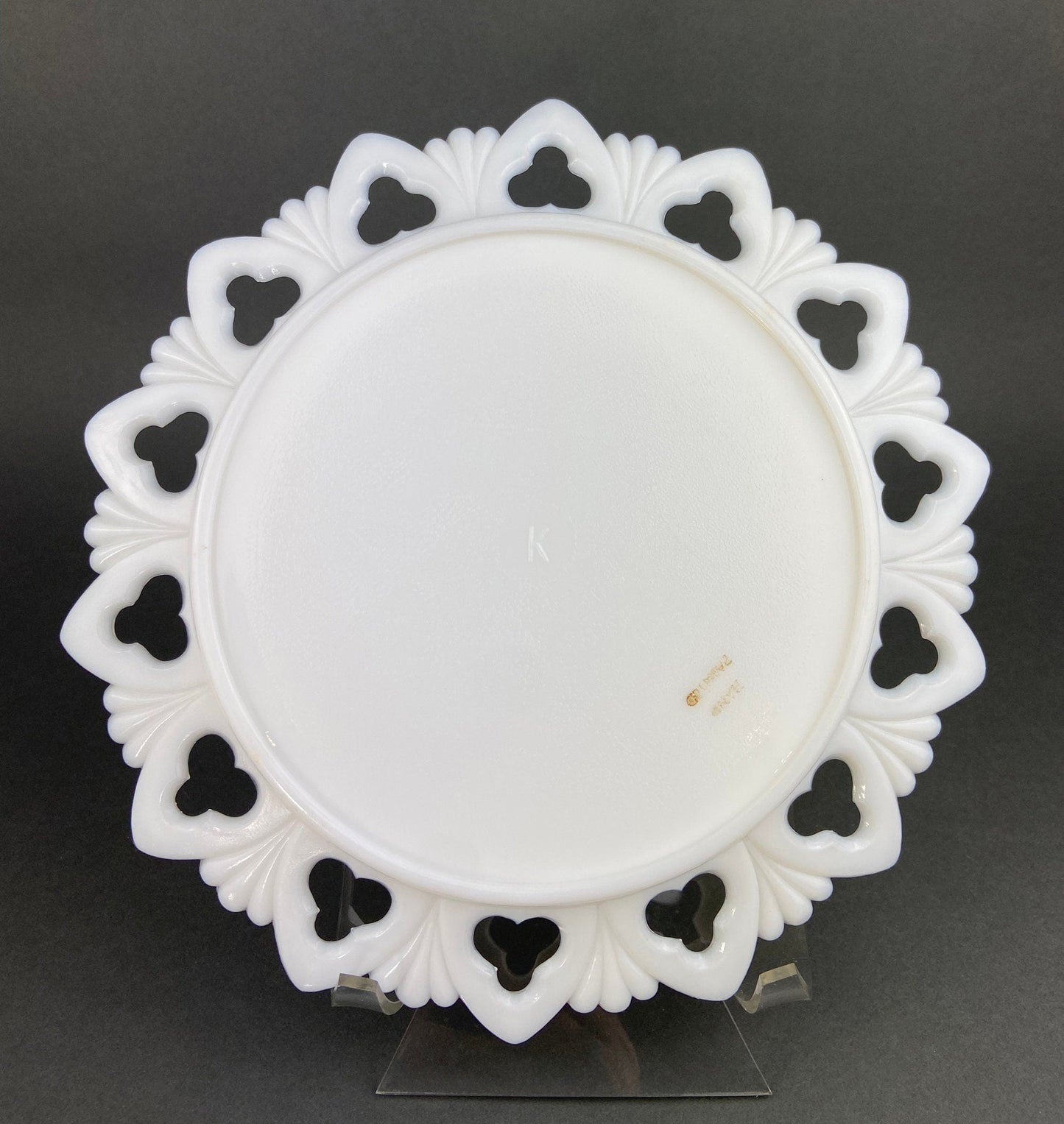 Westmoreland Milk Glass Decorative Plates with Hand Painted Violets,  Cherry Blossom, and Fruit.  Set of Four Plates with Reticulated Rim.