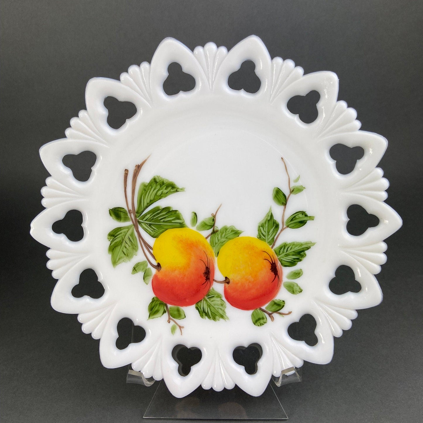 Westmoreland Milk Glass Decorative Plates with Hand Painted Violets,  Cherry Blossom, and Fruit.  Set of Four Plates with Reticulated Rim.