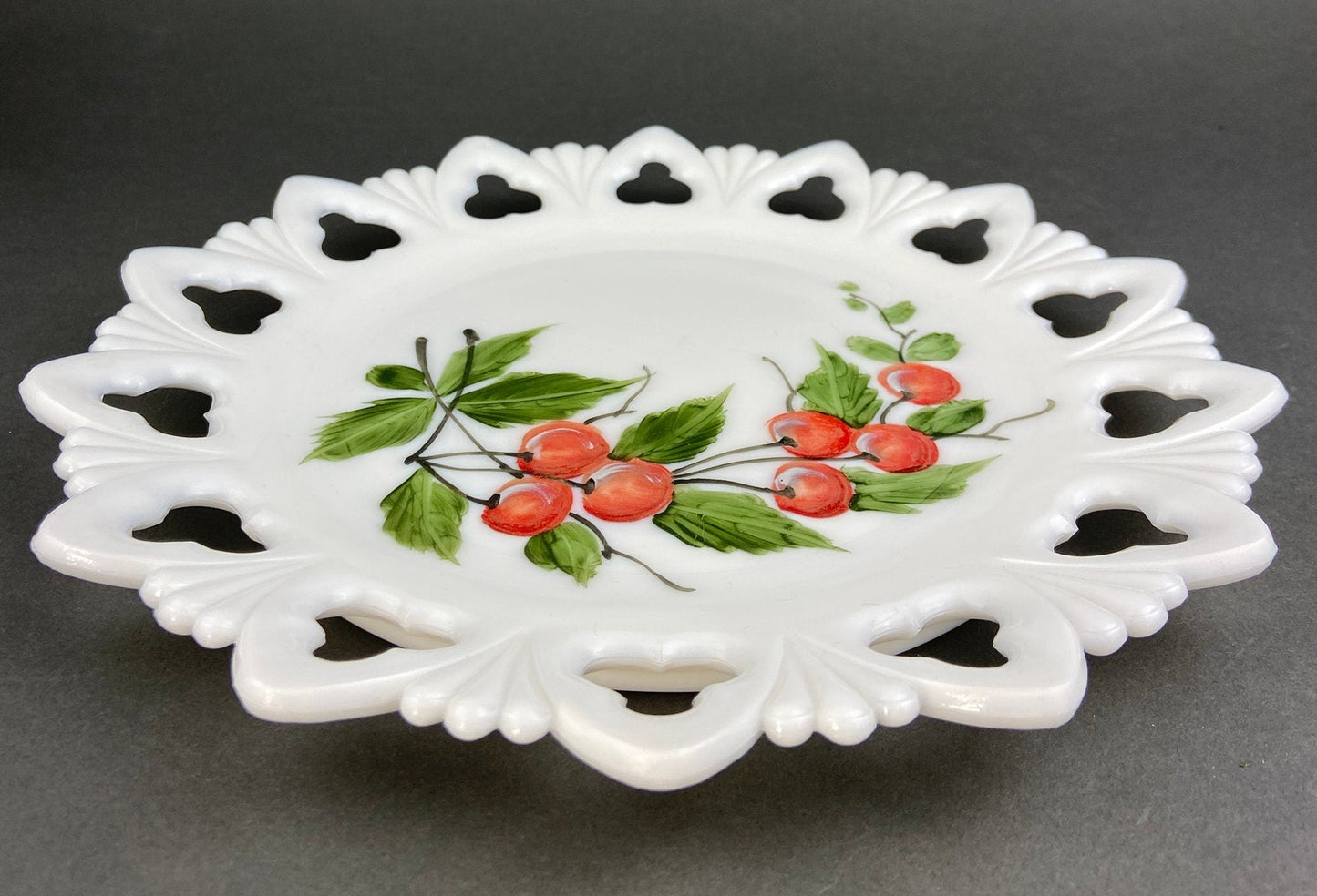 Westmoreland Milk Glass Decorative Plates with Hand Painted Violets,  Cherry Blossom, and Fruit.  Set of Four Plates with Reticulated Rim.