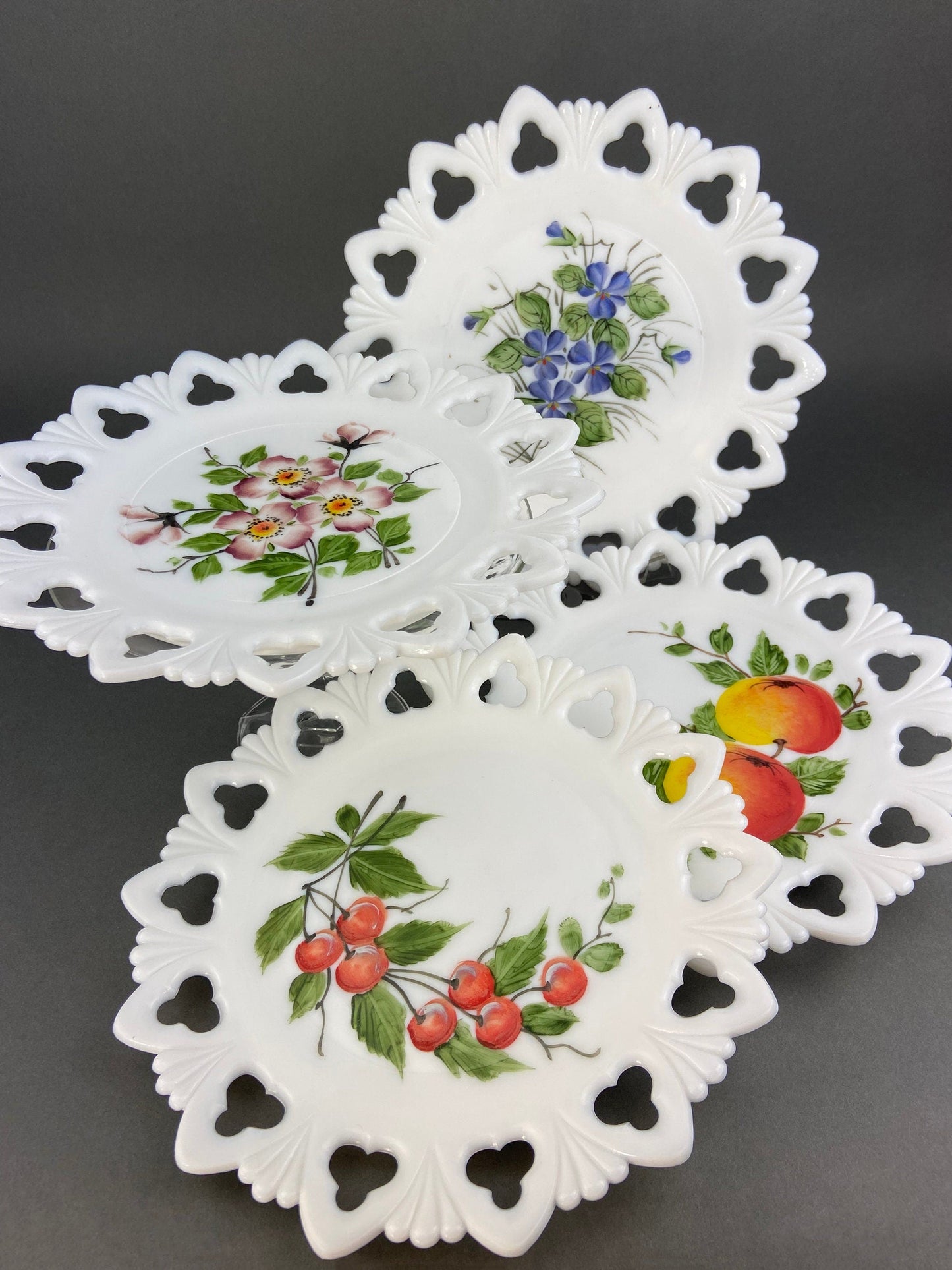 Westmoreland Milk Glass Decorative Plates with Hand Painted Violets,  Cherry Blossom, and Fruit.  Set of Four Plates with Reticulated Rim.