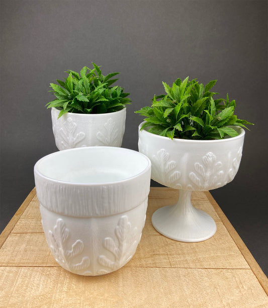 Milk Glass Oak Leaf Design Bowls. Set of Three Differently Shaped Vases. White Herb Planters.