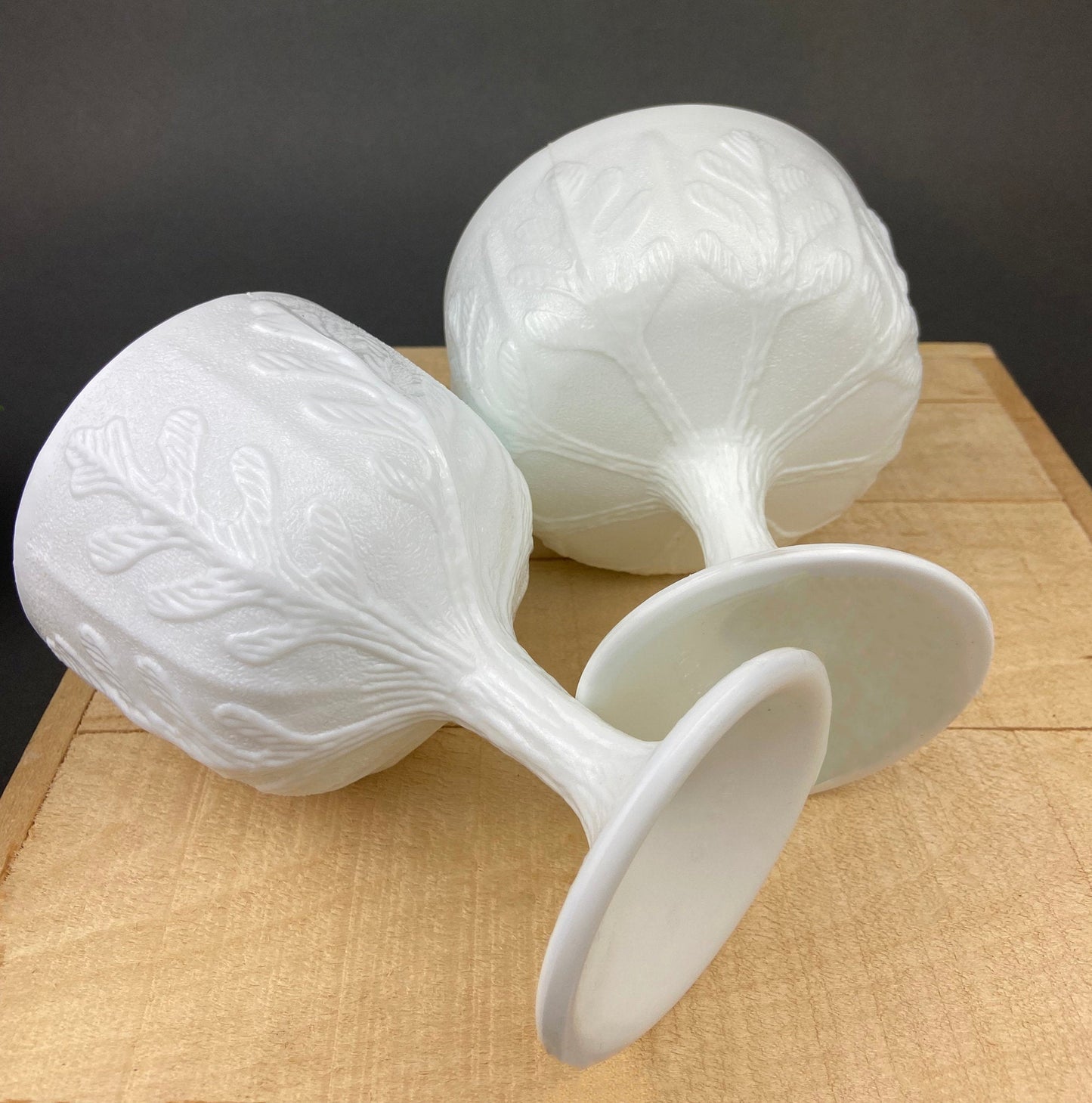 Milk Glass Oak Leaf Design Bowls. Set of Three Differently Shaped Vases. White Herb Planters.
