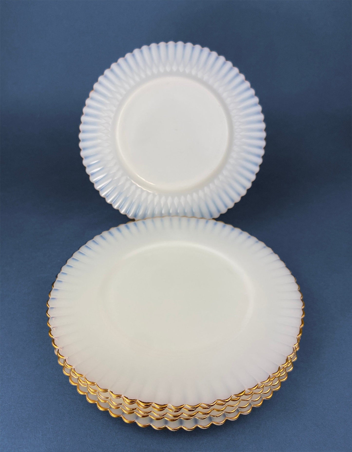 1930s Monax Petalware Opalescent Glass Dinner Plates. White Glass with Gold Rim. Depression Glass 8 Inch Dinner Plates, Set of 5.