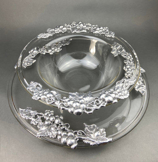 Vintage Extra Large Glass Serving Bowl and Platter with Aluminum Decor. Bowl and Platter Made in France.