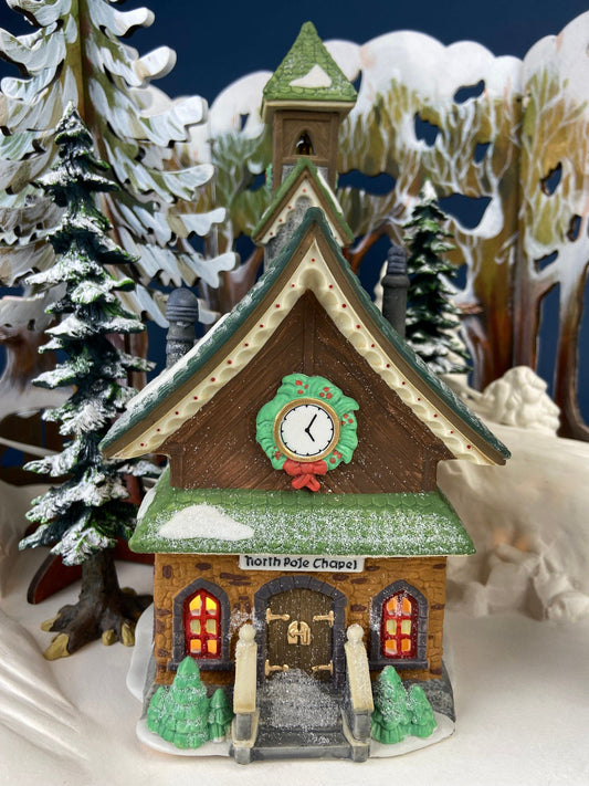 Christmas Village by Dept 56.  Illuminated North Pole Chapel. North Pole Series. Holiday Decor. Christmas Celebration.
