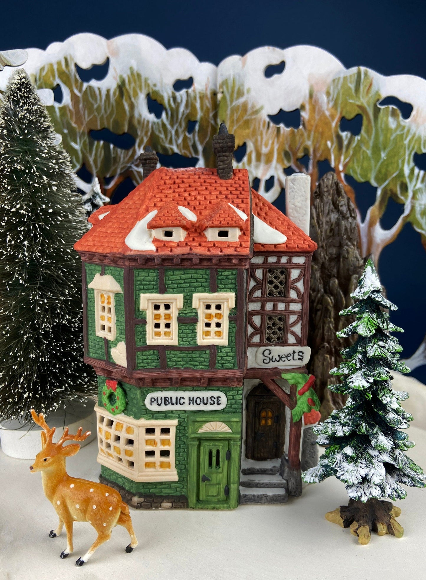 Porcelain Illuminated Red Victorian with Green Roof. Christmas Village Porcelain Building. Enchanted Holiday Decor. Home or Retail Display.