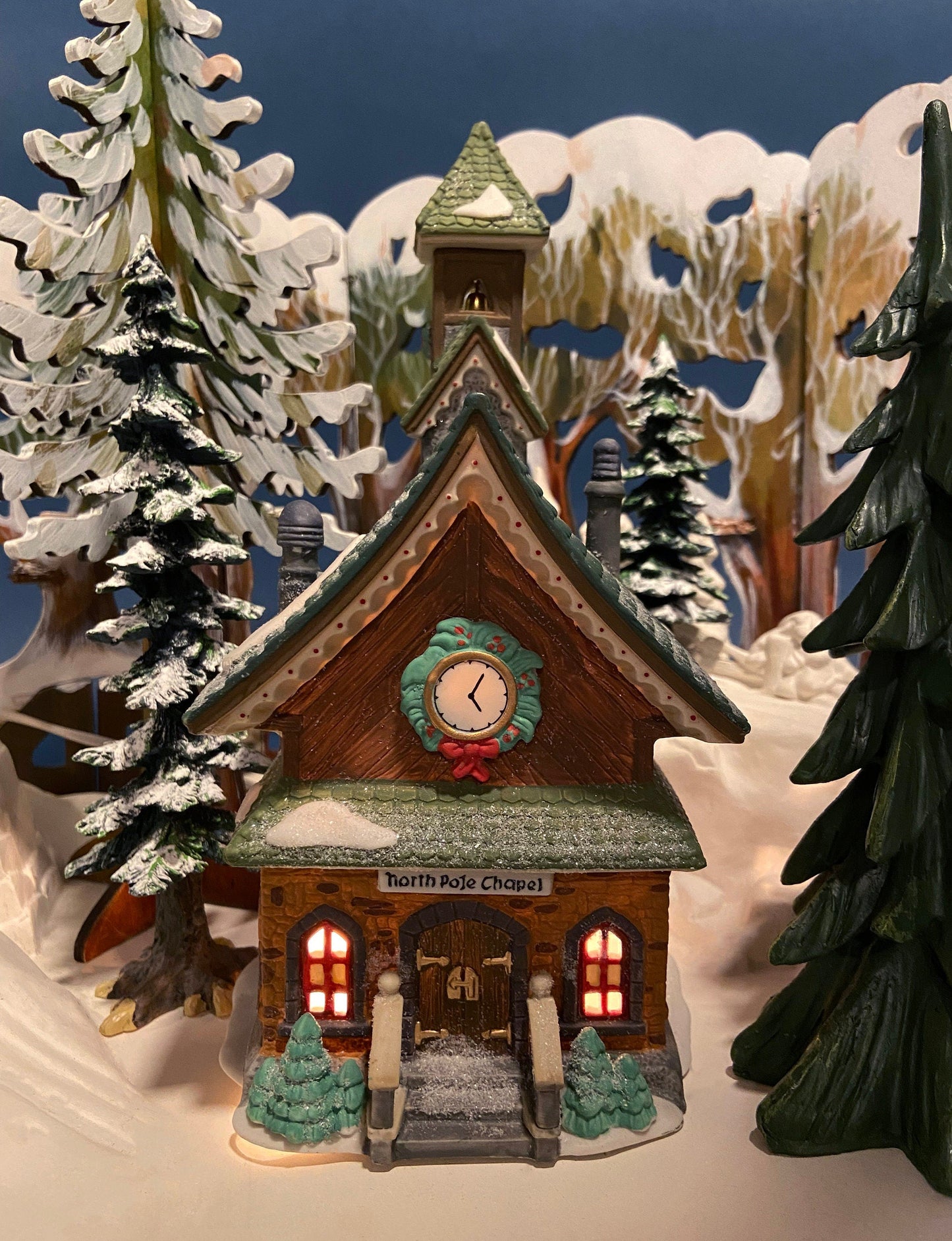 Christmas Village by Dept 56.  Illuminated North Pole Chapel. North Pole Series. Holiday Decor. Christmas Celebration.