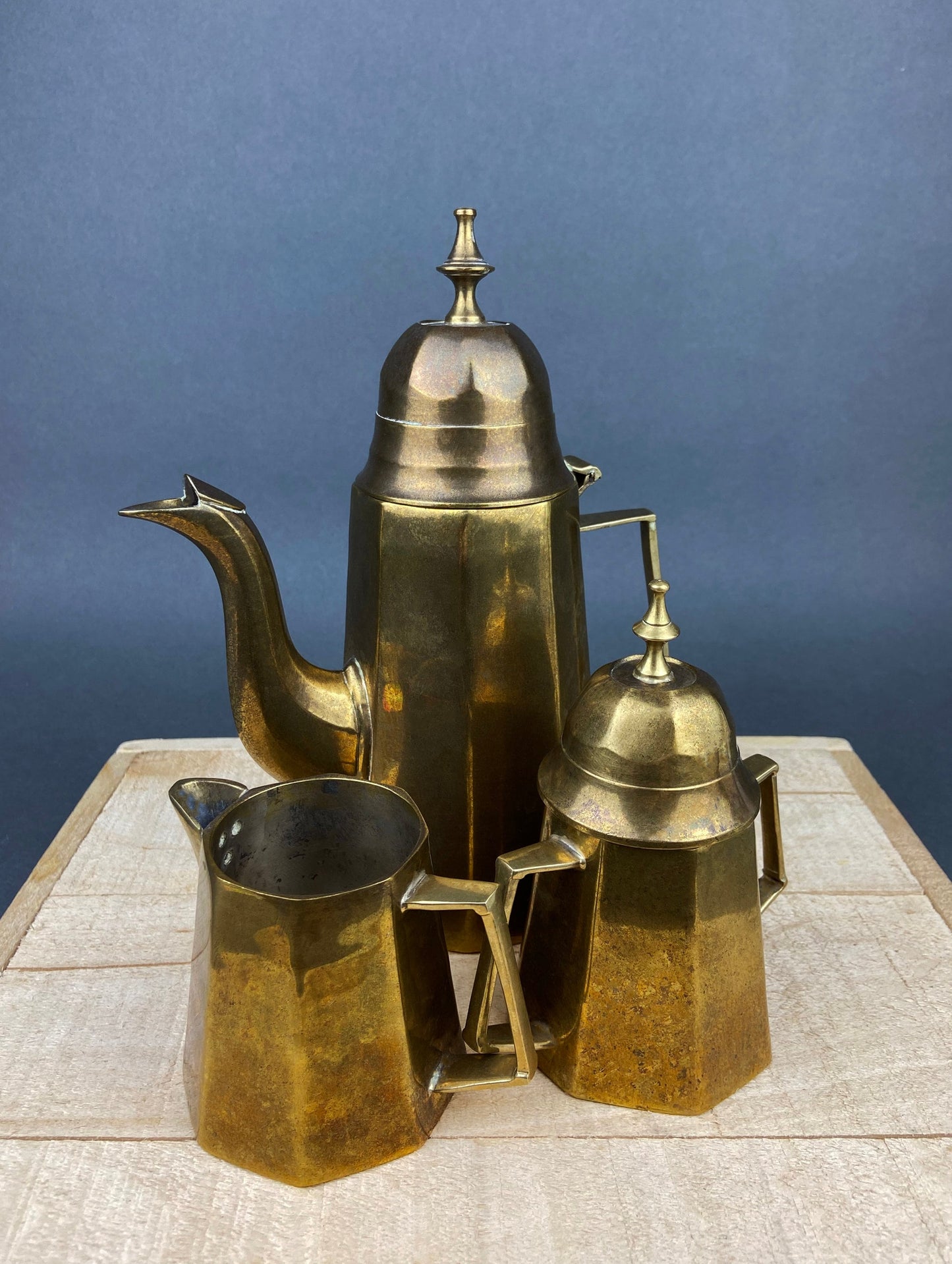 Vintage Brass Coffee Pot, Creamer & Sugar Bowl. Heavy Brass with Art Deco Style Handles. Elegant Coffee Service.