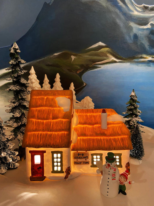 Department 56 Christmas Village Accessories. Illuminated Cottage of Bob Cratchit and Tiny Tim. Dicken's Village Series.