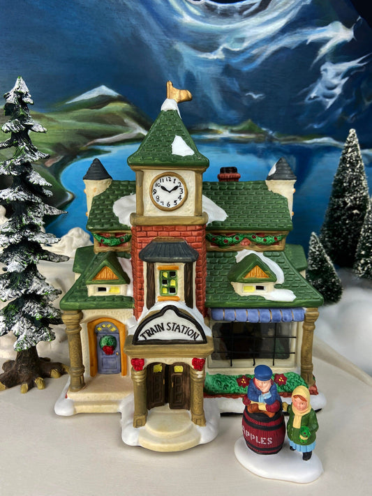 Porcelain Train Station with Clock Tower. Illuminated Christmas Village House. Not Marked by Manufacturer. Holiday Decor.