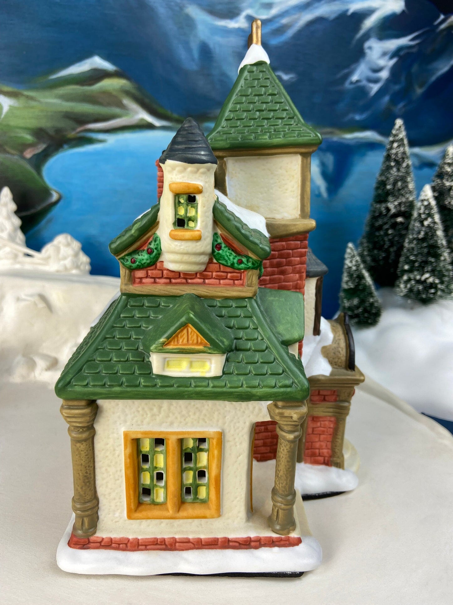 Porcelain Train Station with Clock Tower. Illuminated Christmas Village House. Not Marked by Manufacturer. Holiday Decor.