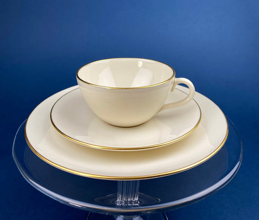 Vintage Tea Cup and Saucer Trio. Creamy White with Gold Rim. Olympia by Lenox. Porcelain Set of Three: Cup, Saucer, & 8" Dessert Plate.
