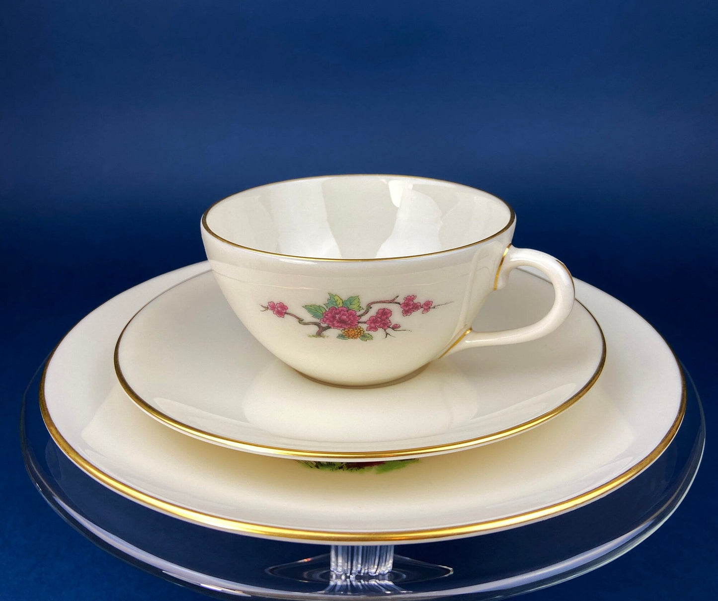 Vintage Tea Cup and Saucer Trio. Creamy White with Gold Rim. Olympia by Lenox. Porcelain Set of Three: Cup, Saucer, & 8" Dessert Plate.