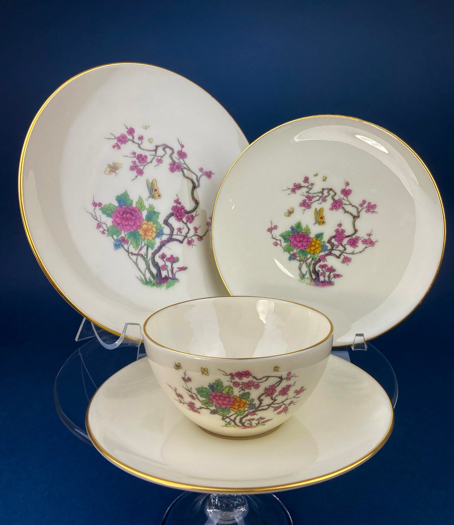 Vintage Tea Cup and Saucer Trio. Creamy White with Gold Rim. Olympia by Lenox. Porcelain Set of Three: Cup, Saucer, & 8" Dessert Plate.
