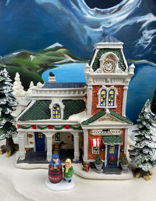 Victorian Train Station. Illuminated Christmas Village House. Potterville Station. Holiday Time. Holiday Decor.