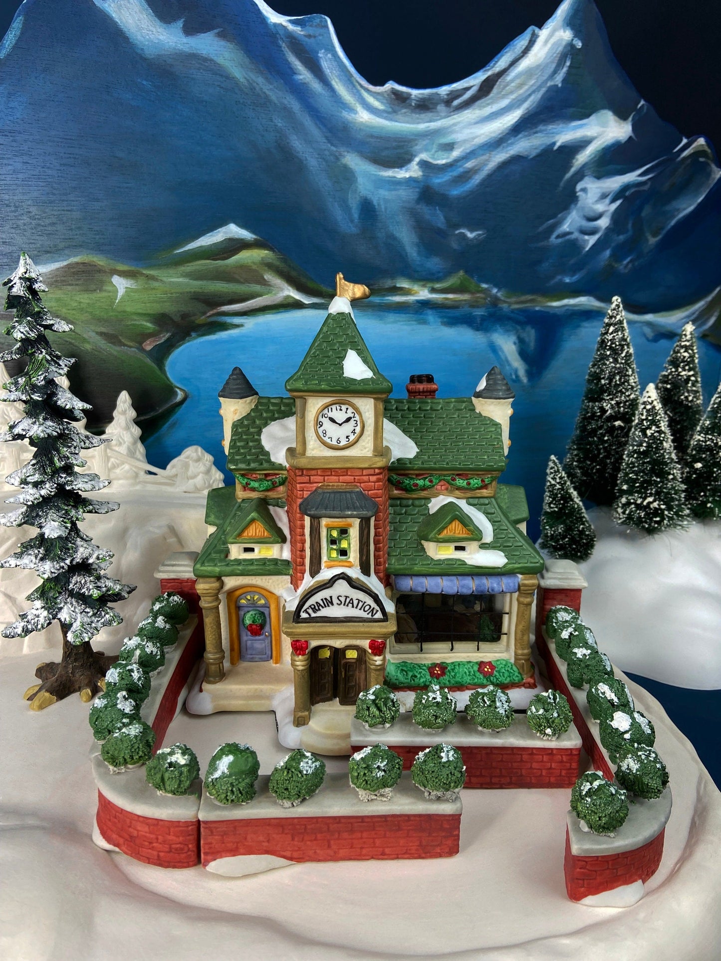 Porcelain Train Station with Clock Tower. Illuminated Christmas Village House. Not Marked by Manufacturer. Holiday Decor.