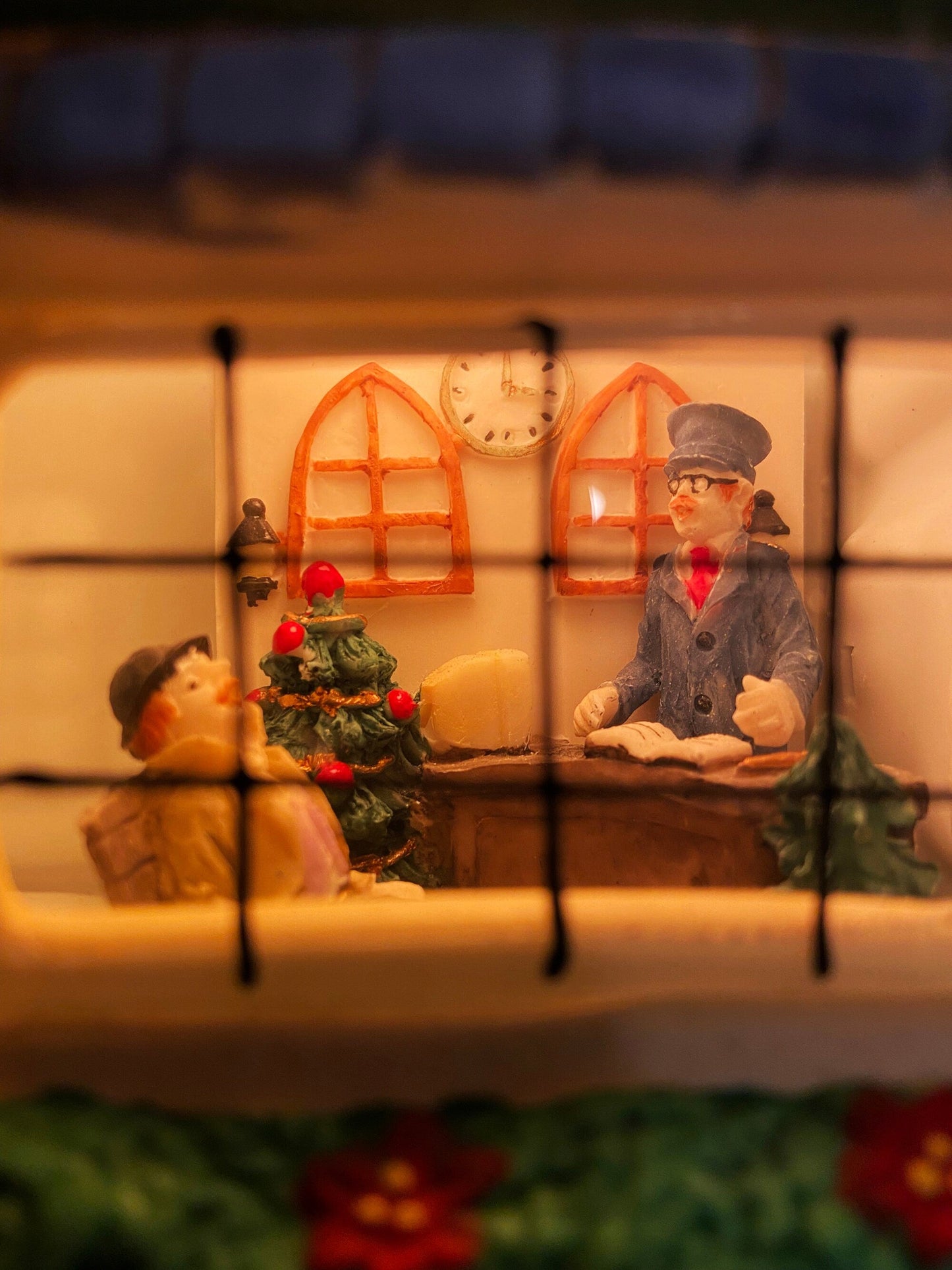 Porcelain Train Station with Clock Tower. Illuminated Christmas Village House. Not Marked by Manufacturer. Holiday Decor.