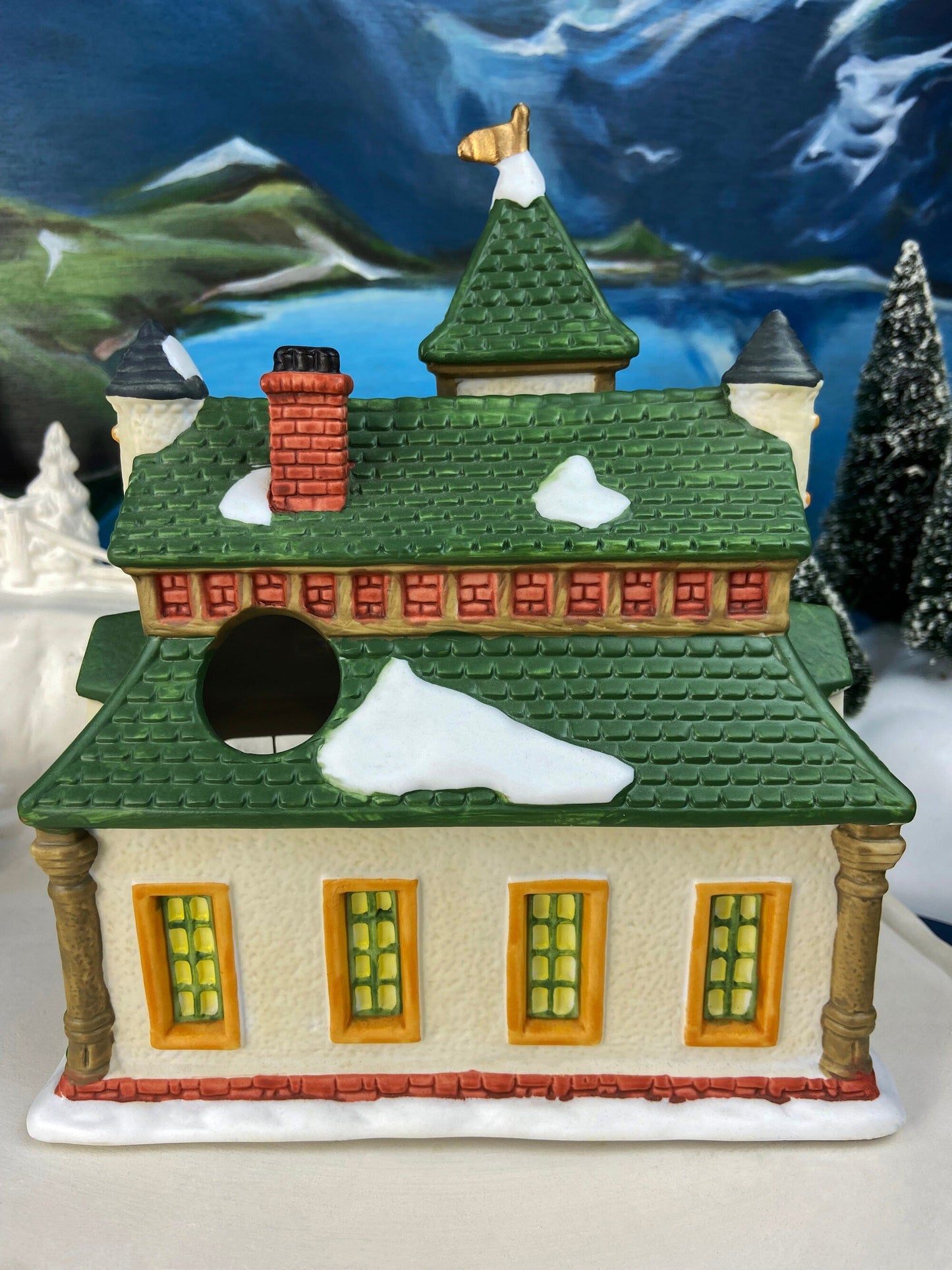 Porcelain Train Station with Clock Tower. Illuminated Christmas Village House. Not Marked by Manufacturer. Holiday Decor.