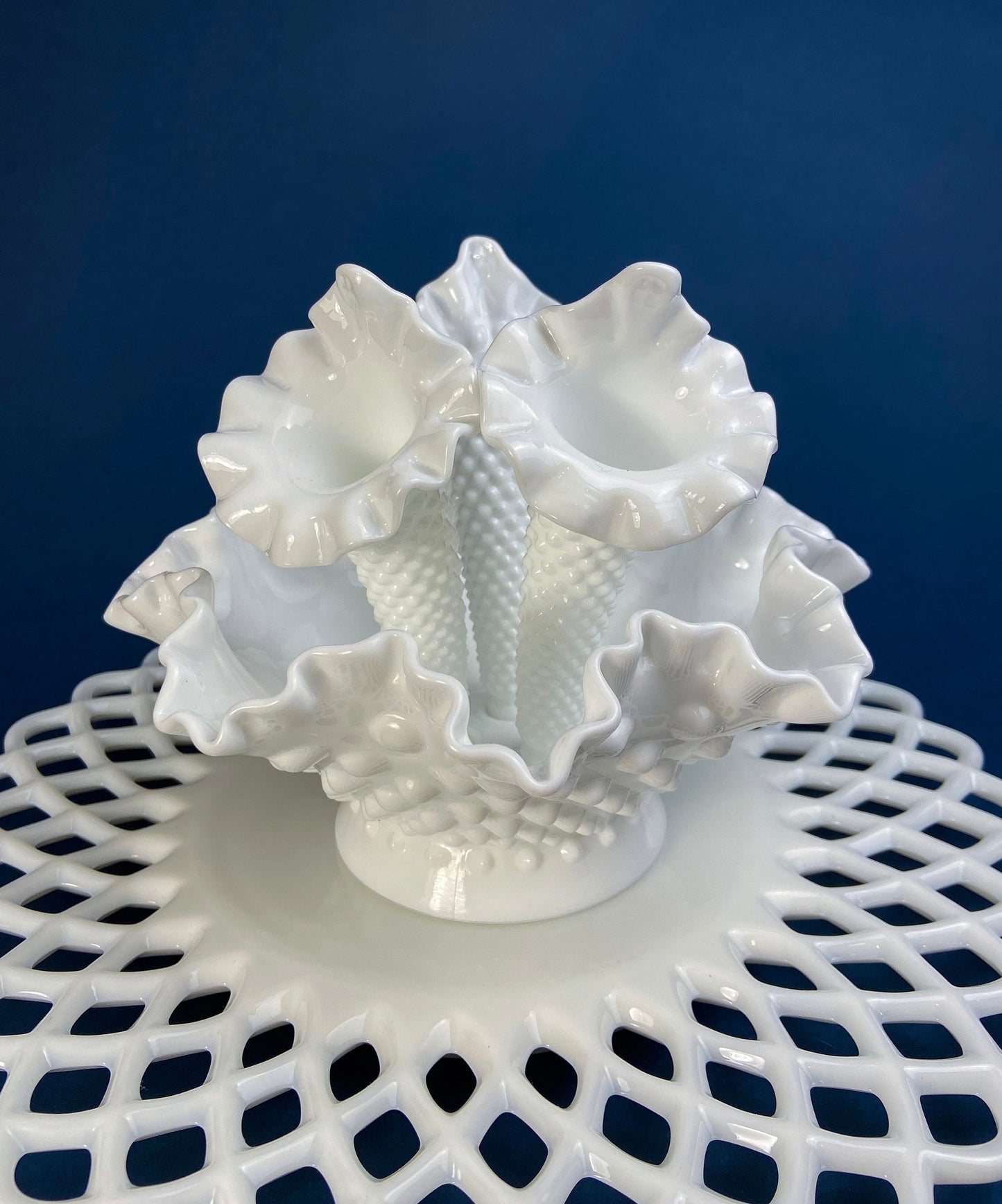 Milk Glass Three Horn Epergne Flower Vase. Fenton, Hobnail Vase & Bowl Combined. Table Centerpiece with Ruffled Rim.