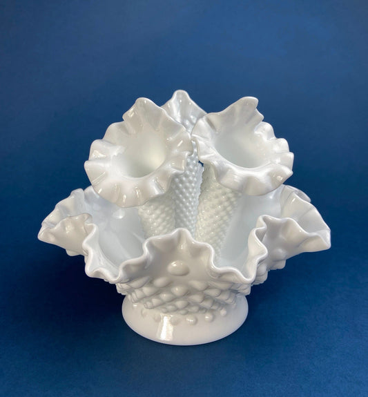 Milk Glass Three Horn Epergne Flower Vase. Fenton, Hobnail Vase & Bowl Combined. Table Centerpiece with Ruffled Rim.