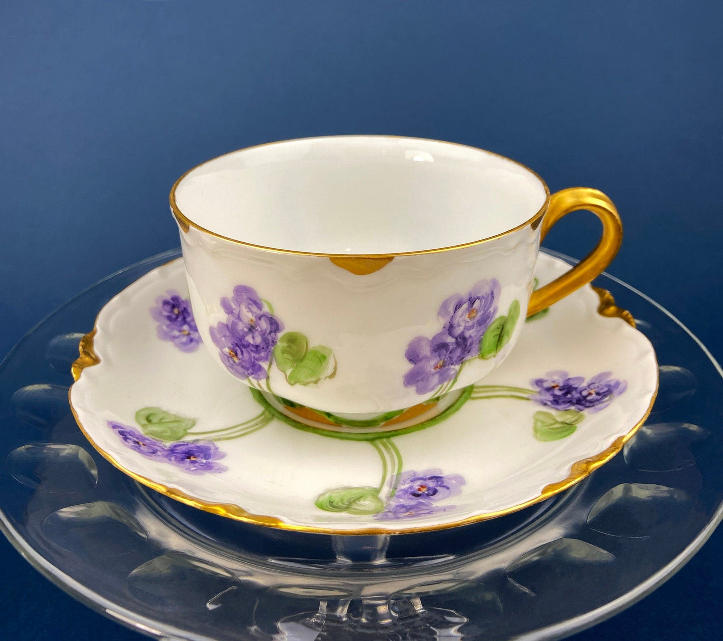 Antique Limoges Tea Cup and Saucer. Hand-Painted Porcelain by Haviland, France. Violet Clusters Motif. Highly Collectible.