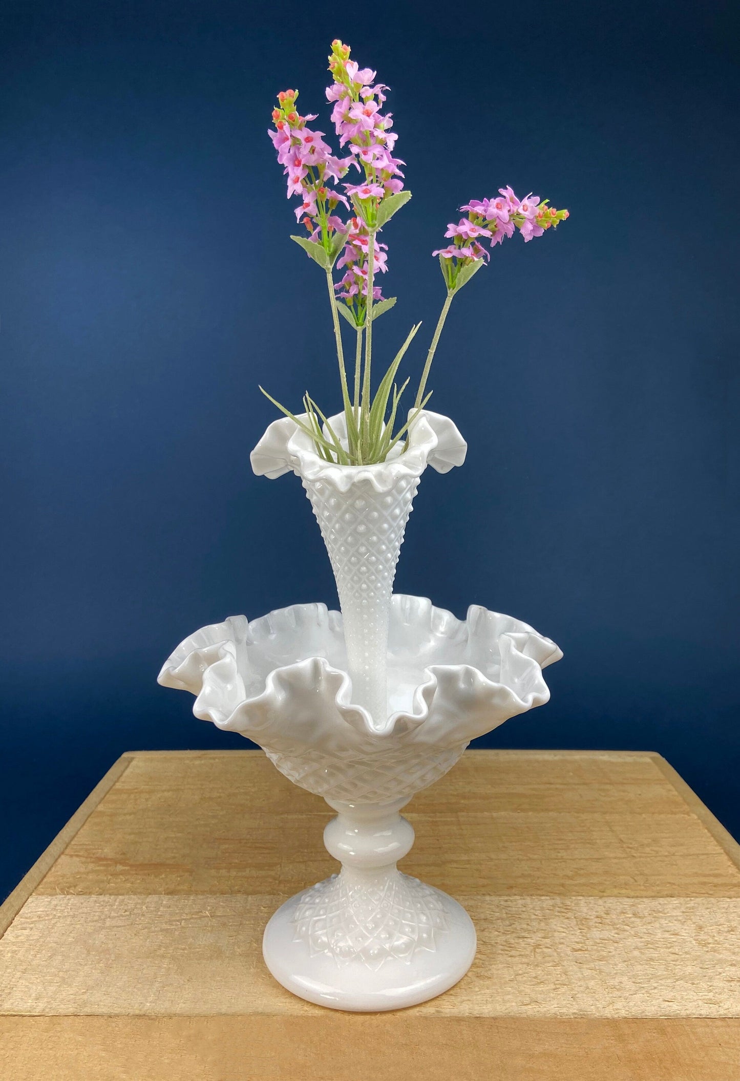 Milk Glass Three Horn Epergne Flower Vase. Fenton, Hobnail Vase & Bowl Combined. Table Centerpiece with Ruffled Rim.